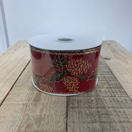 CINTA NAVIDAD ACEBO/PIÑA ROJA - 6CM