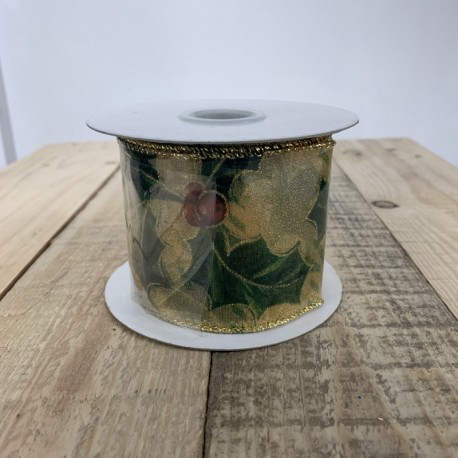 CINTA NAVIDAD ACEBO ORO - 6CM