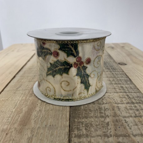 CINTA NAVIDAD ACEBO BLANCA - 6CM